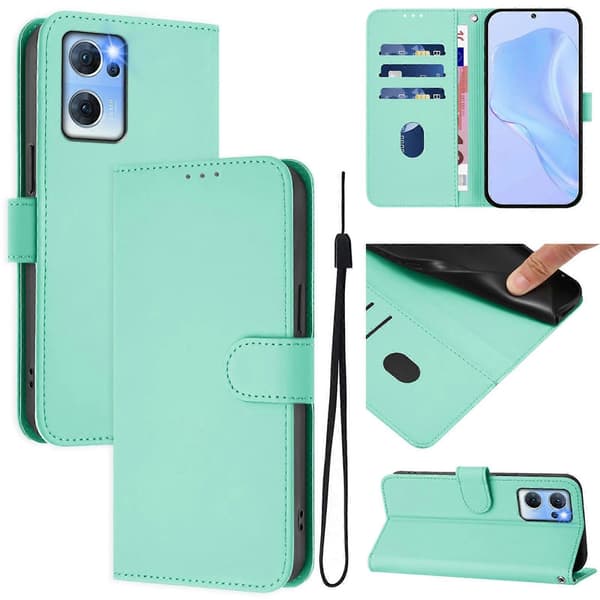 PU-kotelo kaulanauhalla OPPO Reno7 5G Global -puhelimelle Mint Green