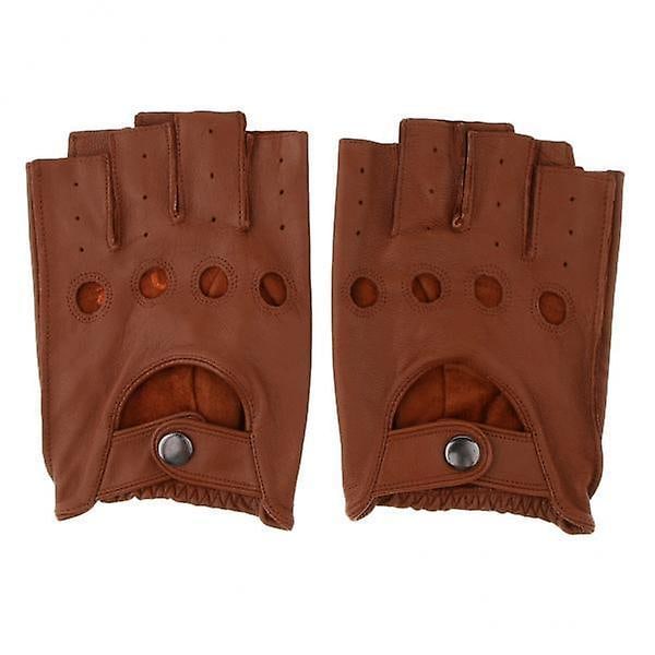 2xretro PU Läder Herr Fingerless Körning Cykling Handskar L Brun Knapp