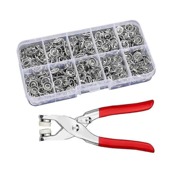 100 trykknapper, metalltrykknappsett med tang, sømløse trykknapper, barne-lommehette, Se
