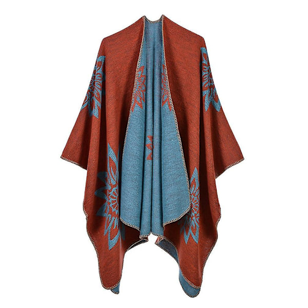 Orange varm poncho med geometrisk mønster fortykket sjal wrap åben front lang vinter sweater frakke til dame