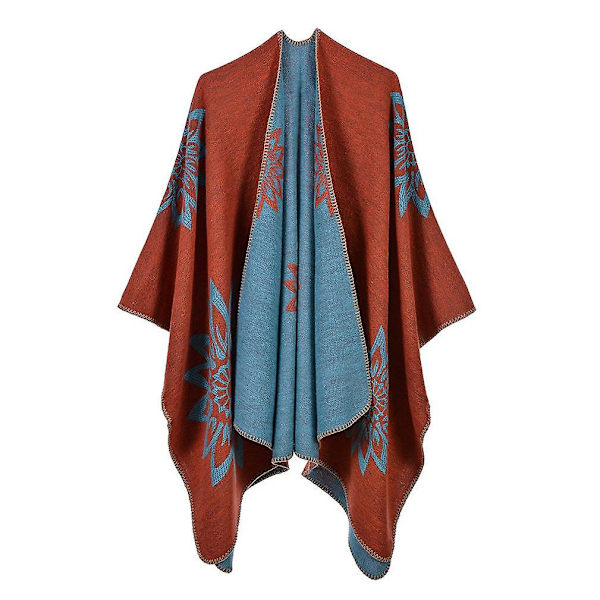 Orange varm poncho med geometrisk mönster tjock sjal wrap öppen framsida lång vinter tröja kappa för dam