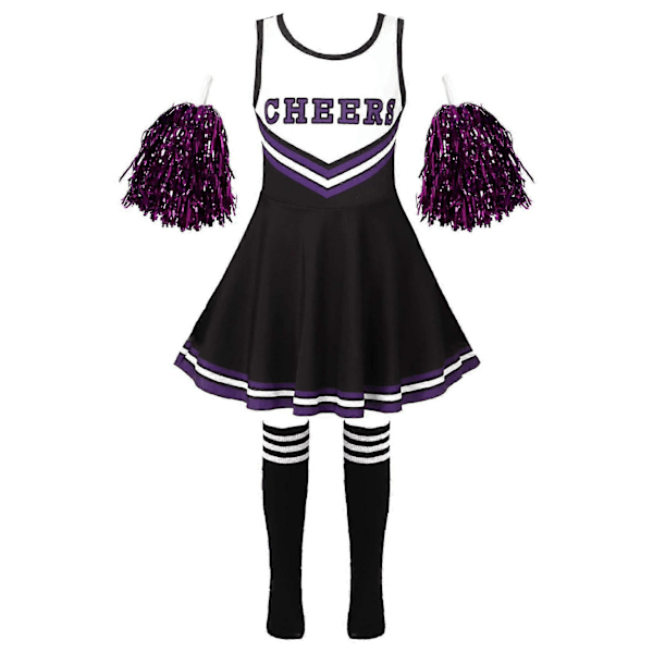 Pige Cheerleading Uniform Dansekostume Børn Cheerleader Outfit Rund Halsudskæring Patchwork Stil Dansekjole Blomst og Sokker black 10-12 Years