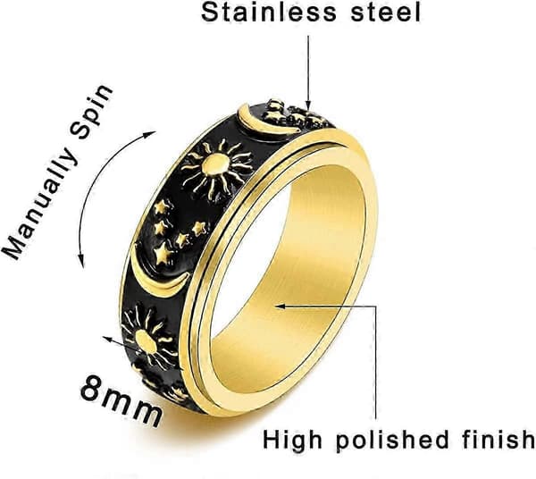Spinnerring i rustfritt stål for angst Fidget-ringer for å lindre stress Angstring Sol Måne Stjerner Forlovelsesring Størrelse 6-12