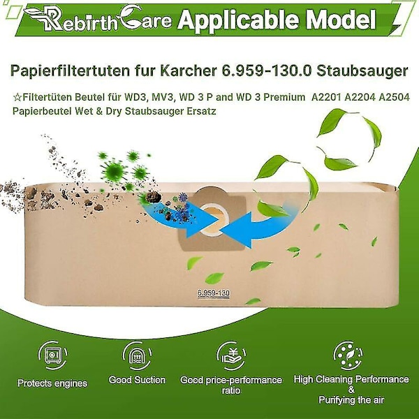 15 pakkaus pölynimuripussia Karcherille 6.959-130.0 Wd3 Wd3p Mv3 märkä- ja kuivaimurin vaihtopaperi suodatinpussipussi karcher wd3 premium a:lle