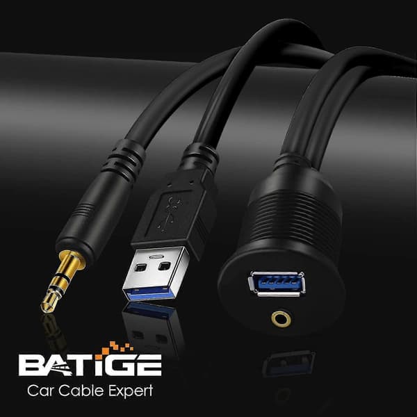 USB 3.0 og 3.5mm Bilmontering Flush Kabel 3.5mm + USB3.0 Aux Forlengelse Dashpanel