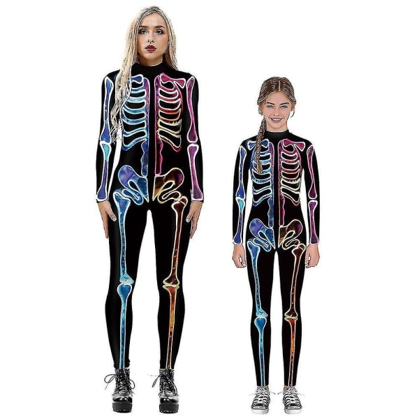 Halloween skelet kostume til børn og voksne, behagelig Onesie Jumpsuit-125cm-130cm-farverig
