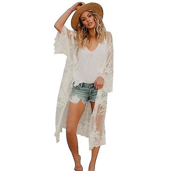 Kvinders blondecardigan Blomsterhæklet Sheer Beach Cover Ups Lang Kimono white