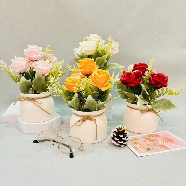 Potteplante i skandinavisk stil, tre roser, liten, dreiet potte Bonsai naturtro simuleringsplanter for hjemmeinnredning Pink