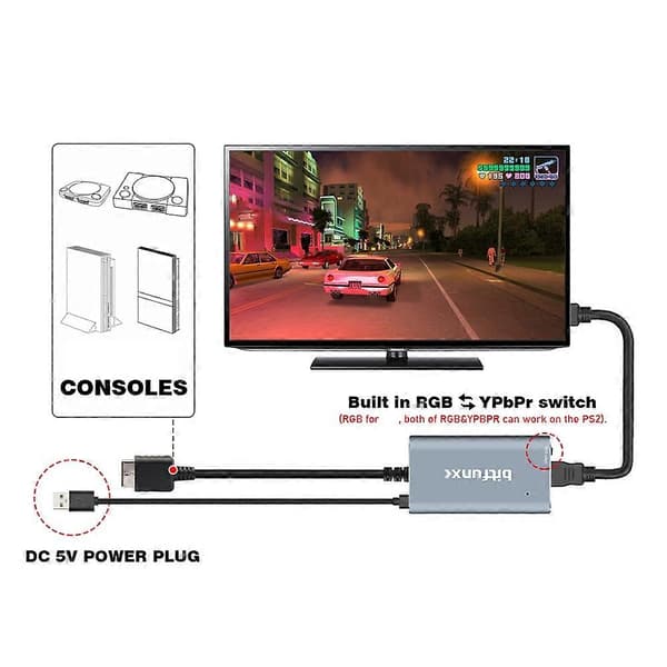 PS2 til -kompatibel konverter til PS2 PS1 1/2 spilkonsoller med RGB til YPbPr-switch