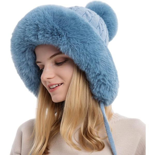 Dam vinter Peruvian öronbeklädnad Beanie Hat Öronklaffar Sherpa Skidmössa Stickad Fleecefodrad 3 Pom Blue One Size