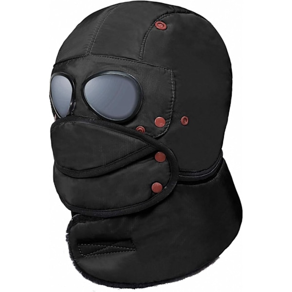 Winter Trapper Hat for Men - Super Warm Fleece Men's Hats with Mask Goggles Face Cover Ear Flaps, Windproof Coldproof, Cool Black 7-8