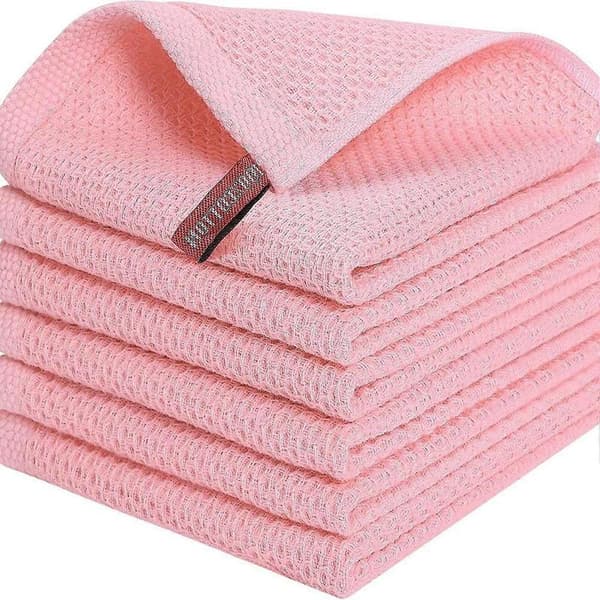 6-pack 34x34cm Waffle Weave Cotton Kitchen Towels, Quick-Drying and Absorbent Cleaning Cloth with Hanging Loop Light pink