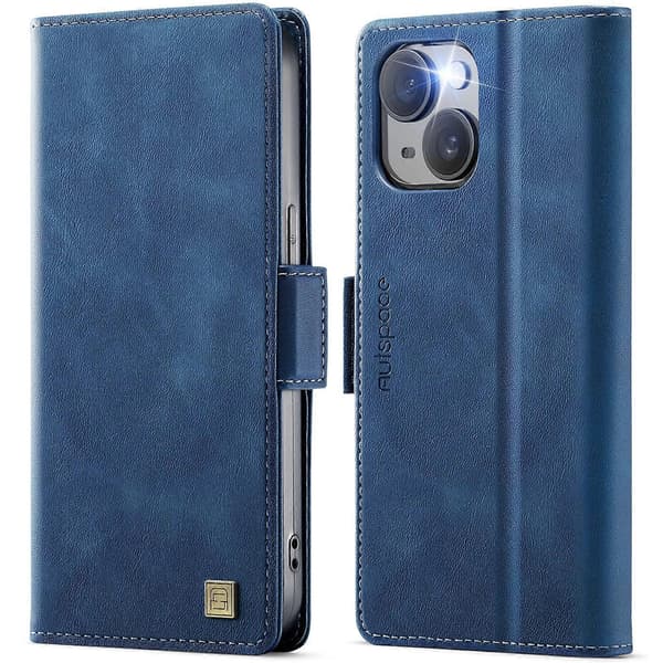 Retro læder mobiltelefonpung cover til iPhone 15 Plus Blue