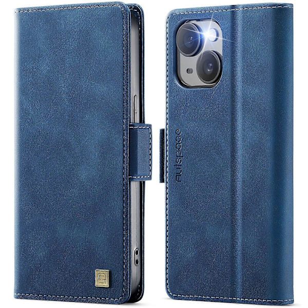 Retro Läder Plånboksfodral för iPhone 15 Plus Blue