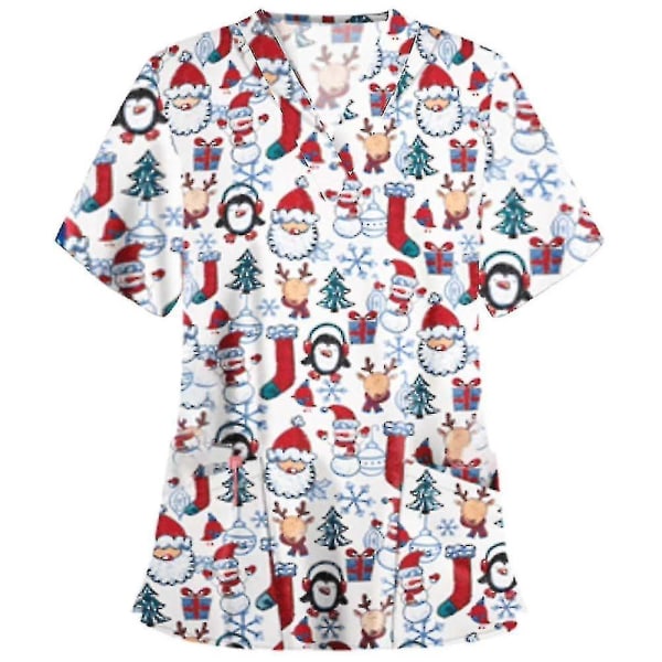 Jul Kvinder Sygepleje Uniform Scrub Kortærmet T-shirt Xmas Bluse Tee Toppe-s-hvid Penguin