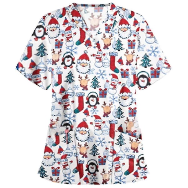 Jul Kvinnor Omvårdnad Uniform Scrub Kortärmad T-shirt Xmas Blus Tee Toppar-xl-vit Penguin