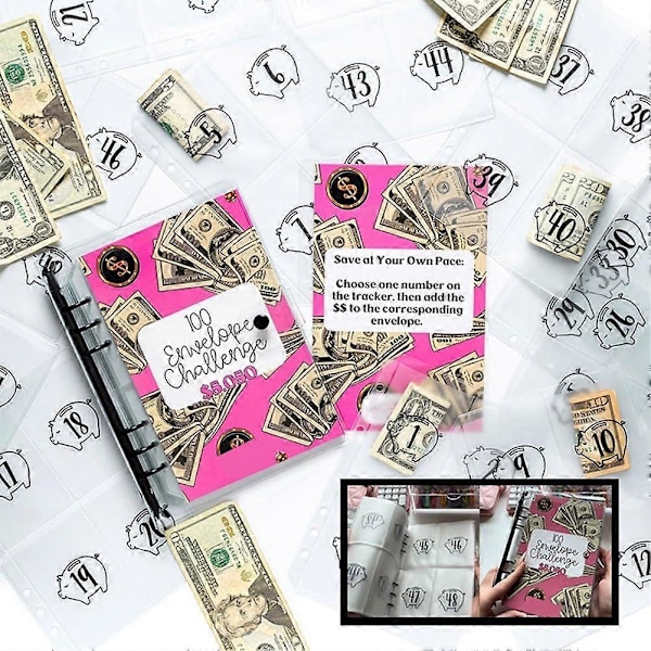100 Kuvertmapp & 52 Fredagar Mapp, 100 Kuvert Pengarsparande Utmaning, Sparutmaningsmapp, Pengarsparande Kuvert Style A Pink