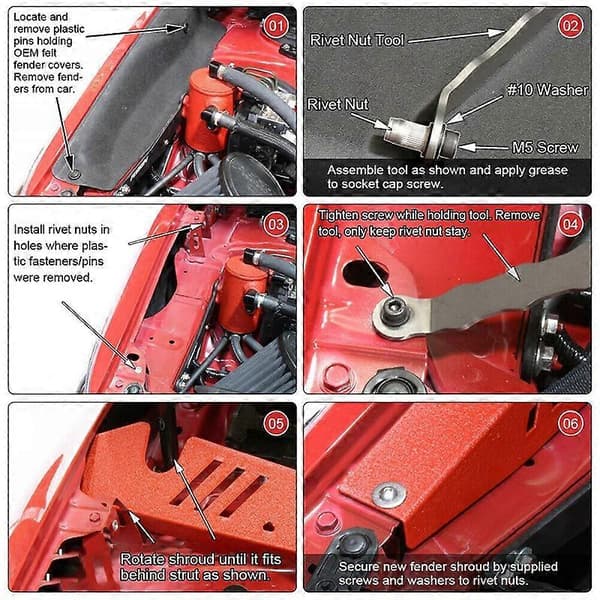 Fender Shrouds Kit Panelplade Motorrum med Hardware til Subaru WRX & STi 2015-2020, Rød Red