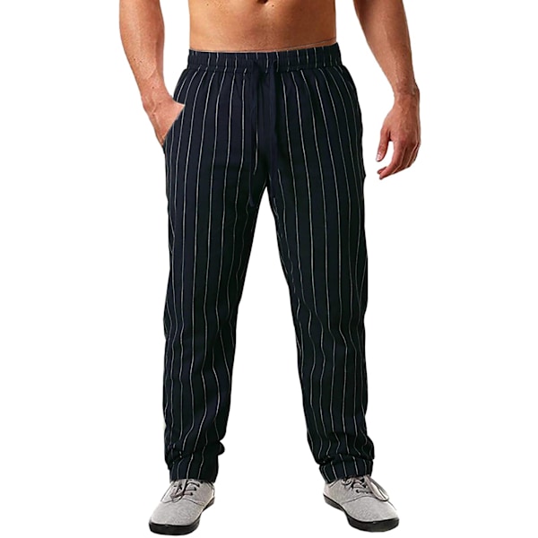 Nya Herr Vertikalrandiga Dragsko Elastisk Midja Bomull och Linne Strandbyxor Casual Byxor Black XXXL