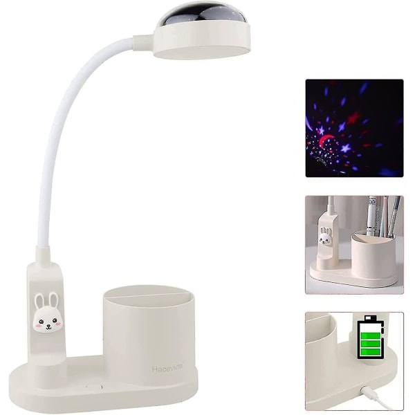 Bordlampe for barn, LED-bordlampe med penneholder og stjerneprojeksjon 3 lysstyrkenivåer Nattlys til soveromsgave White