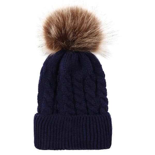 Dam Barn Vinter Stickad Mössa Pom Pom Tofs Hattar Navy Blue Kid