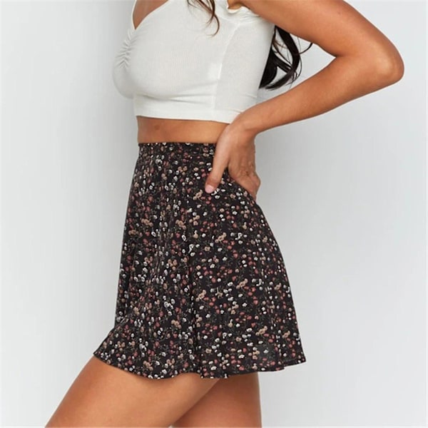 Damkjol med blommigt print Stretchigt tyg som andas, liten blommig kjol för festklubb Danskväll Black