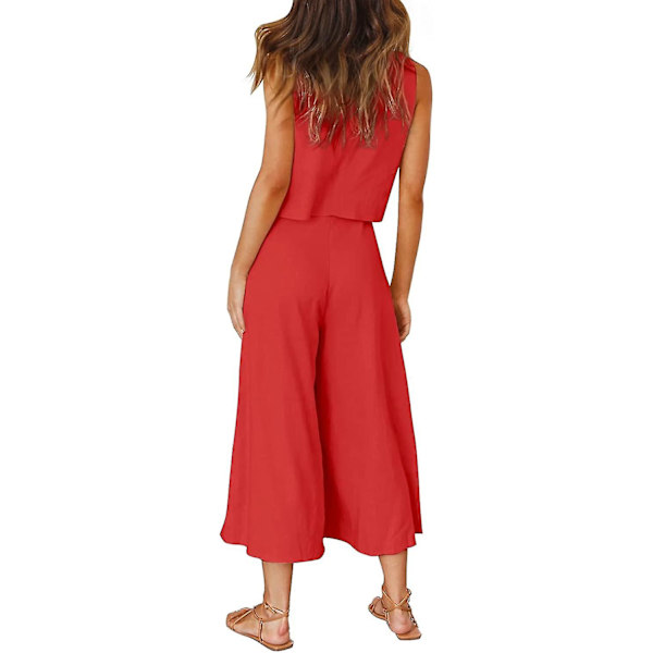 Roylamp Sommer-outfits til kvinder i 2 dele Rundhalset Crop Basic Top Beskåret Bukser med brede ben, Jumpsuits Red X-Small