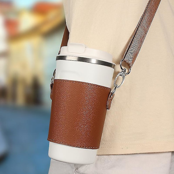 Bärbar kopphållare i PU läder, kaffekoppshållare i läder med axelremmar, återanvändbar kaffefodral i läder Light brown L