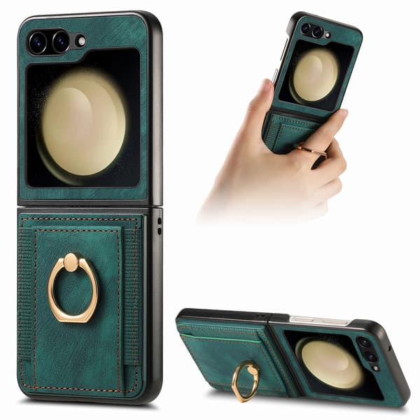 Retro enfärgat PU-kortfacksringfodral för Samsung Galaxy Z Flip 3 blue