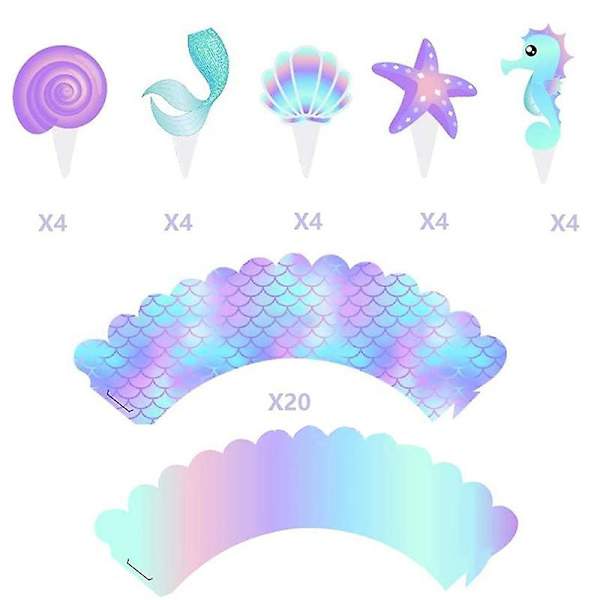 20st/ set Sjöjungfrufest Cupcake Toppers Wrappers Sjöjungfrur tårtdekoration Purple