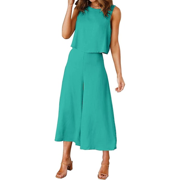 Roylamp Sommer-outfits til kvinder i 2 dele Rundhalset Crop Basic Top Beskåret Bukser med brede ben, Jumpsuits Peafowl Green X-Small