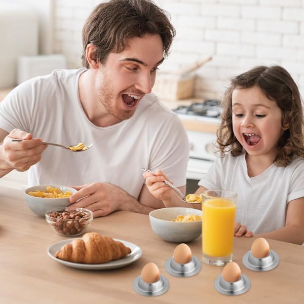 (Silver) 4 Egg Cups, Stackable, Round, Stainless Steel, Polished, Dishwasher Safe, with Egg Holder