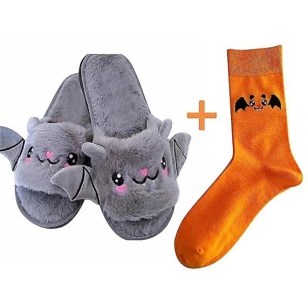 Halloween Tofflor Anti-sladd Mysig Bat Plysch Tofflor Med Strumpor Sovrum Tofflor Inomhus Hem Tofflor Fuzzy Slides För Familj Gray men