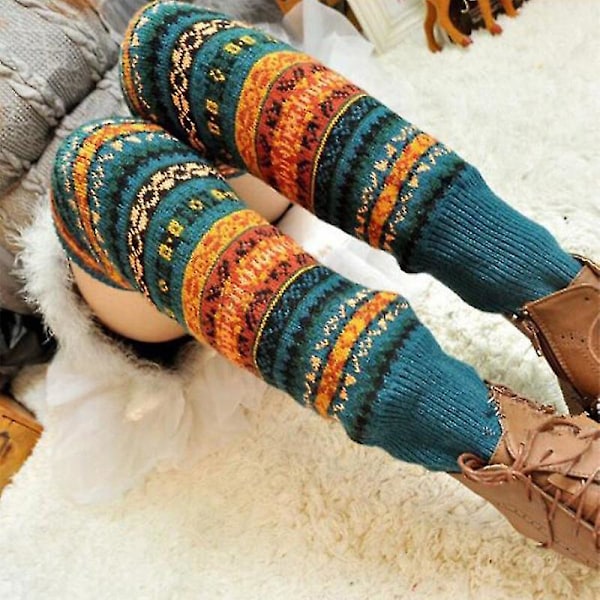 Kvinners Boho Leg Warmers Vinter Høy Kne Strømper Heklet Strikket Lang Strømpe Peacock Blue