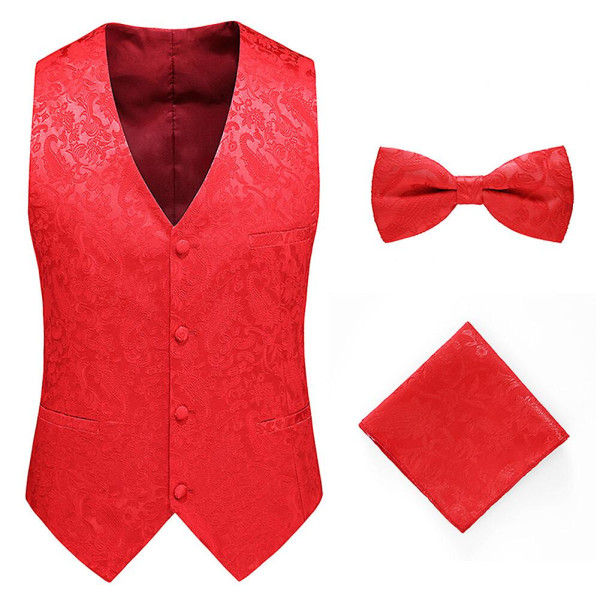 Sliktta Herr 3Pce Paisley Dress Vest och fluga Set och Pocket Square Red 2XL