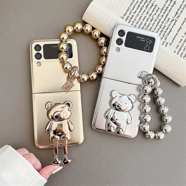 Samsung Galaxy Z Flip 4 Z Flip 3 Plating 3d Glitter Bear Standveske med armbånd metalldeksel Silver Z Flip 4