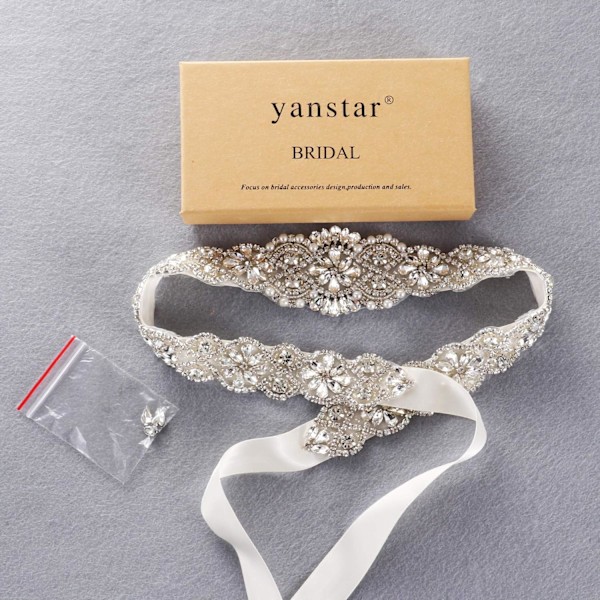 Brudebelte Hånd Rhinestone Bryllupsbelte Klar Krystal 22 Tommer Lang Med Hvid Organza Bånd Til Brudekjole