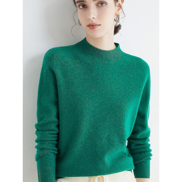Cashmere genser for kvinner 100 % Cashmere lett, langermet strikket genser med rund hals green S
