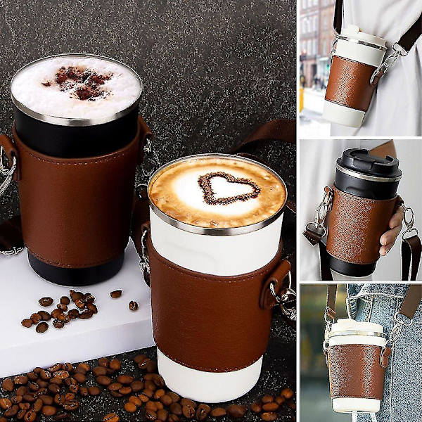 Bärbar kopphållare i PU läder, kaffekoppshållare i läder med axelremmar, återanvändbar kaffefodral i läder Dark brown S