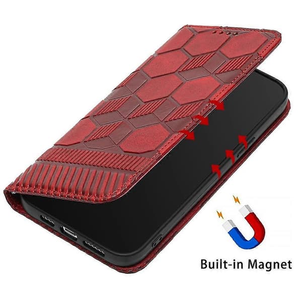 Fotbollstextur Magnetiskt Läder Flip Fodral för iPhone 14 Red