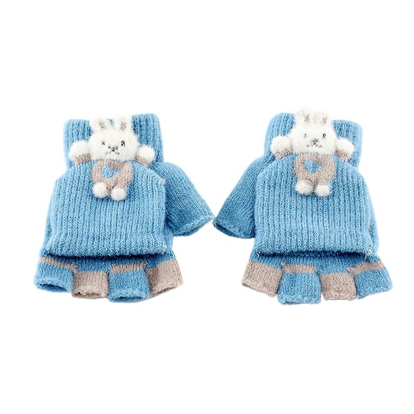 Strikkede hansker Vinter plysj halvfinger votter med flip topp barnehansker Light Blue