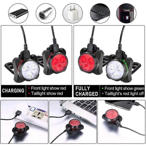 Sykkel 3 LED frontlys med USB oppladbart baklys med klips White