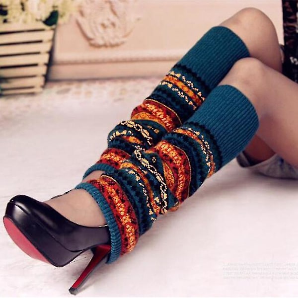 Kvinners Boho Leg Warmers Vinter Høy Kne Strømper Heklet Strikket Lang Strømpe Peacock Blue
