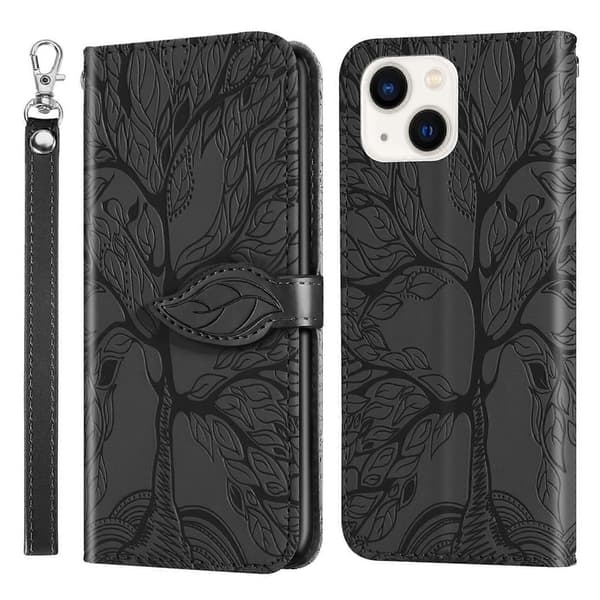 För iPhone 14 Plus Livets Träd Präglat Läder Telefonfodral Black