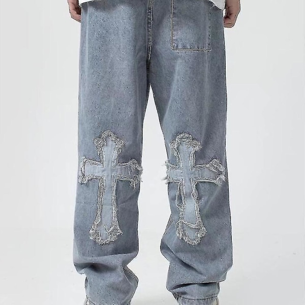 V-hanver Herr Streetwear Baggy Jeans Byxor Cross Hip Hop Herr Lösa Jeans Byxor Dam Oversized Boyfriend Jeans Denim Jeans M