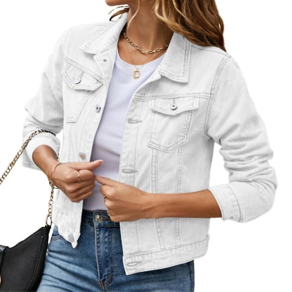 Kvinders Button Down langærmede cropped denims Jean-jakke med lommer White S