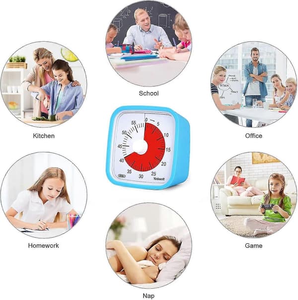 Analog Timer Version 60 minutter, tidsstyringsværktøj til madlavning, kontor, hjem og skole, uden tikken, valgfri lydalarm (blå)