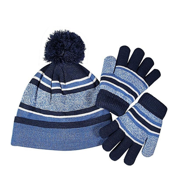 Handskar Tvådelad Set Vinter Fleecefodrad Varm Barn Femfingrade Stickade Kalla-bevis Brittisk Hatt Blue Average size