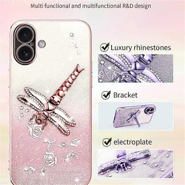 Deksel til iPhone 16 Plus Dragonfly Støtte TPU Blomster Glitter Telefondeksel Blue