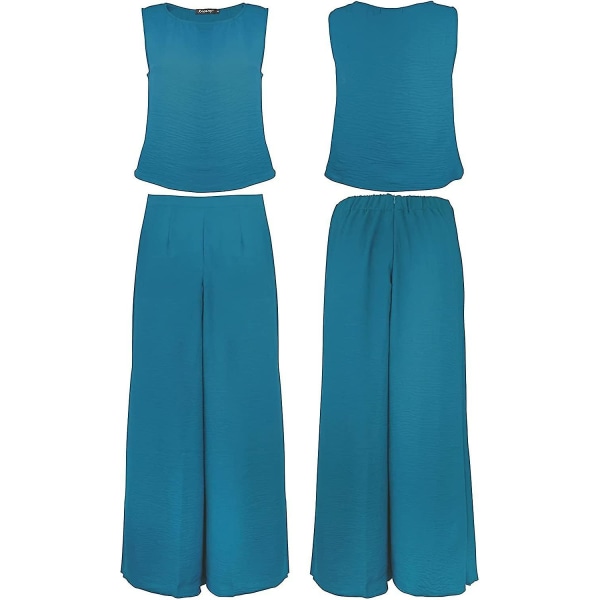 Roylamp Women's Summer 2-delade outfits Rundhalsad Crop Basic Top Beskuren Byxa Set med vida ben Jumpsuits Lake Blue Large